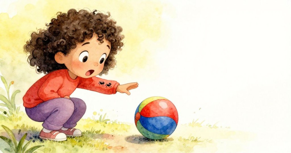 Tessa從低角度仰望伸手觸玩具，袖上螞蟻爬行，臉上充滿驚奇與好奇，彰顯童年探險。