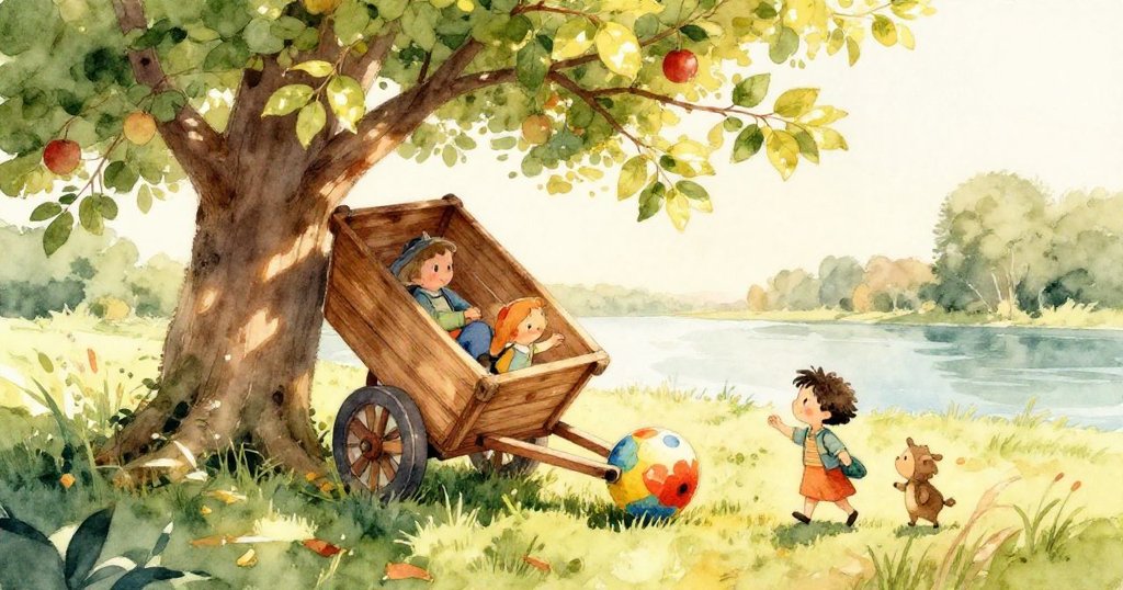 在溫暖陽光中，蘋果樹上白花搖曳，花粉飄散昆蟲飛舞，小朋友在遠處靜賞自然詩意景致。