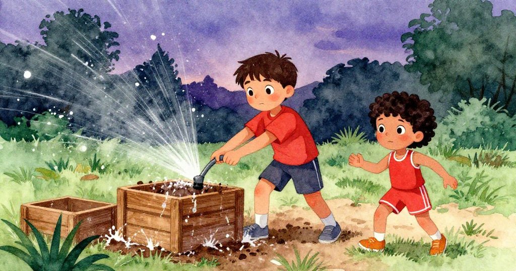 灑水器噴灑出細密水花濕透木箱與土石，Ben與Kari在夕陽中動態調整，時光緩逝且充滿節奏變換。