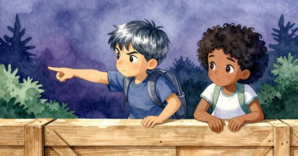 Kari指向木箱縫隙，Ben點頭同意，兩人在夕光中展現決斷與合作，表情堅定，故事進入攀爬決策階段。