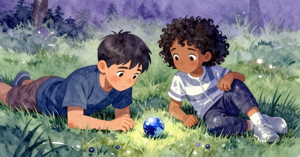 Ben與Kari坐在濕潤草地上靜賞藍色彈珠，臉帶平靜微笑，灑水器背景中緩轉，故事溫馨收尾。