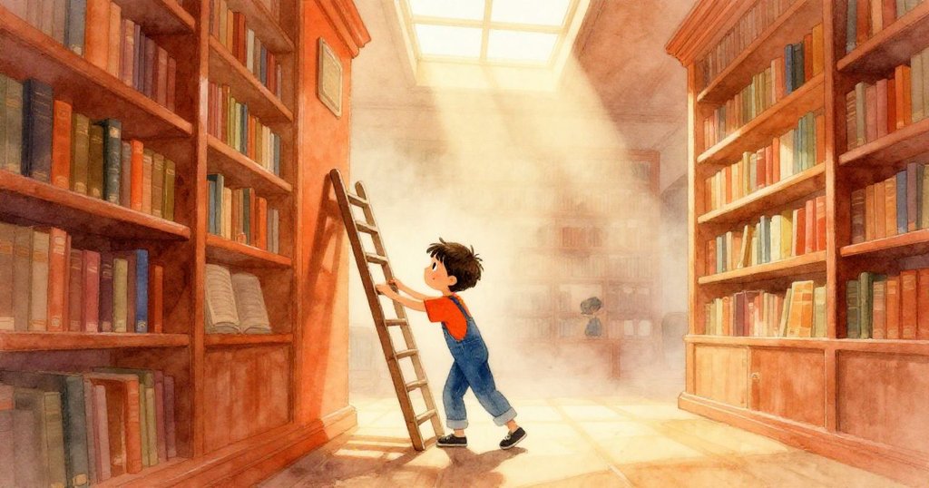 Leo在圖書館內推梯子,清晨薄霧中天窗照亮,臉上充滿期待與專注,開始探索知識。