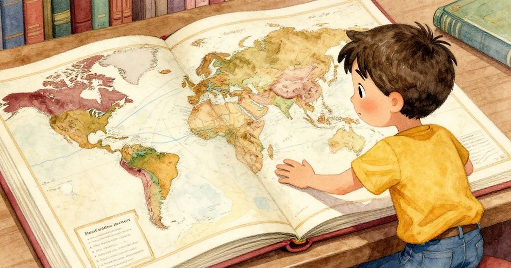 Leo在書桌邊細看打開的百科全書,上面精美地圖展示山河,手指輕觸,透露出探索與好奇心。
