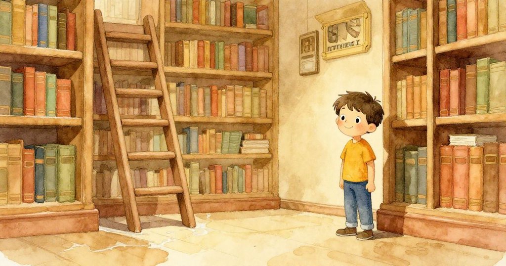 圖書館恢復寧靜,梯子倚牆穩定,水跡消散,Leo站旁微笑,身心皆得放鬆,結局溫馨祥和。