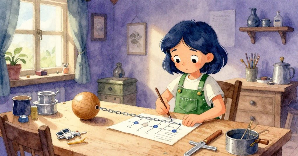 萊娜在溫馨的家庭工作坊中專注準備連鎖機關，木球、紙條和工具散落，充滿期待與努力的情境。