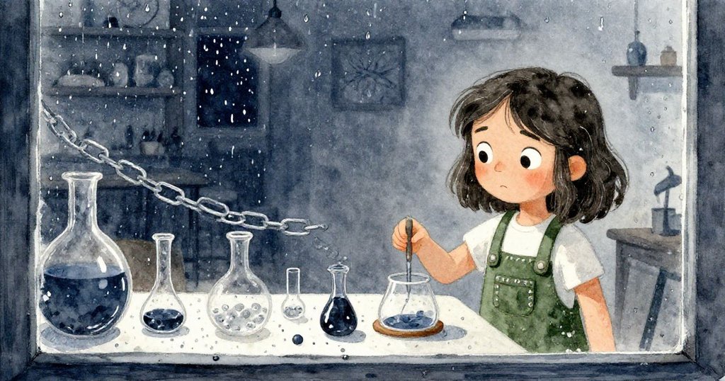 透過點滴雨水的窗戶看見萊娜與連鎖機關，室內物件互動呈現神秘感與動態實驗情境。