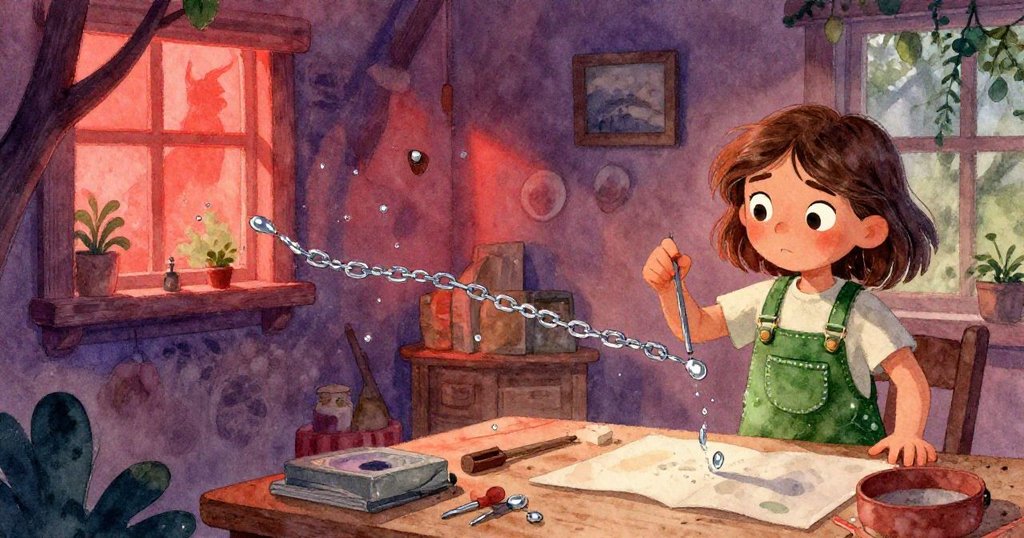 隨著午後溫暖光線擴散，萊娜在工作坊中調整連鎖機關，落下的水滴與散落物品營造動態高峰情境。