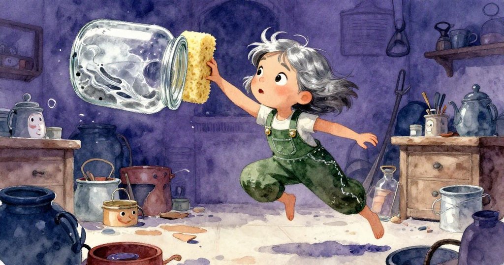 萊娜急速伸手用海綿擋住滾動的玻璃罐，臉上呈現憂慮與機智，工作坊背景動態豐富。