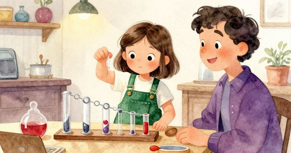 萊娜在工作坊中自豪地將科學作品交給微笑的家長，兩人共享成功喜悅，環境溫馨充滿未來希望。