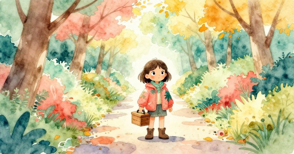 諾拉急步走在狹窄溪徑上，手握木箱，身處樹林拱門下，帶著堅定表情展開冒險旅程