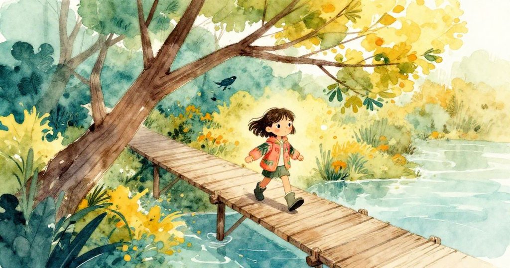 藉由喜鵲的視角，呈現躍然眼前的倒木橫跨木橋，諾拉謹慎通過，完美捕捉大自然的動態情景