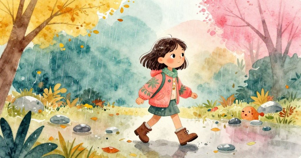 在秋雨輕灑的背景下，諾拉踏過被水流覆蓋的石頭，感受濕潤空氣與落葉散發的清新氣息，充滿勇氣前行