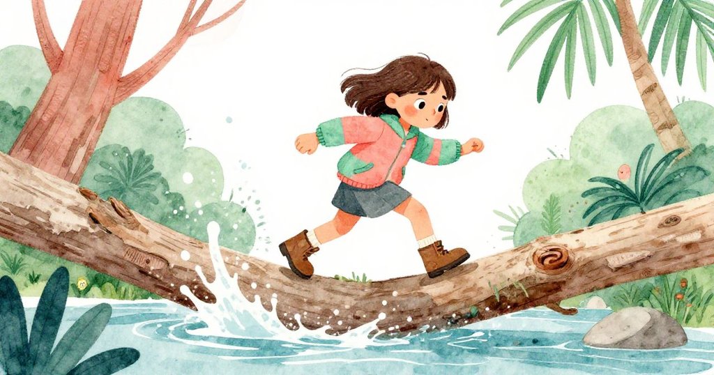 諾拉正小心翼翼地跨越倒下的木頭，手伸出尋求平衡，木皮隨著水流滾落，呈現出勇敢挑戰自然的瞬間