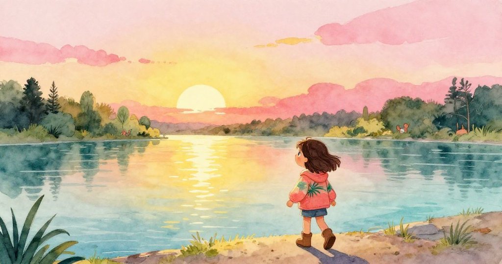 在夕陽餘輝下，諾拉終於抵達彼岸，溫暖金色光線灑在平靜水面上，展現出希望與安寧的美好結局