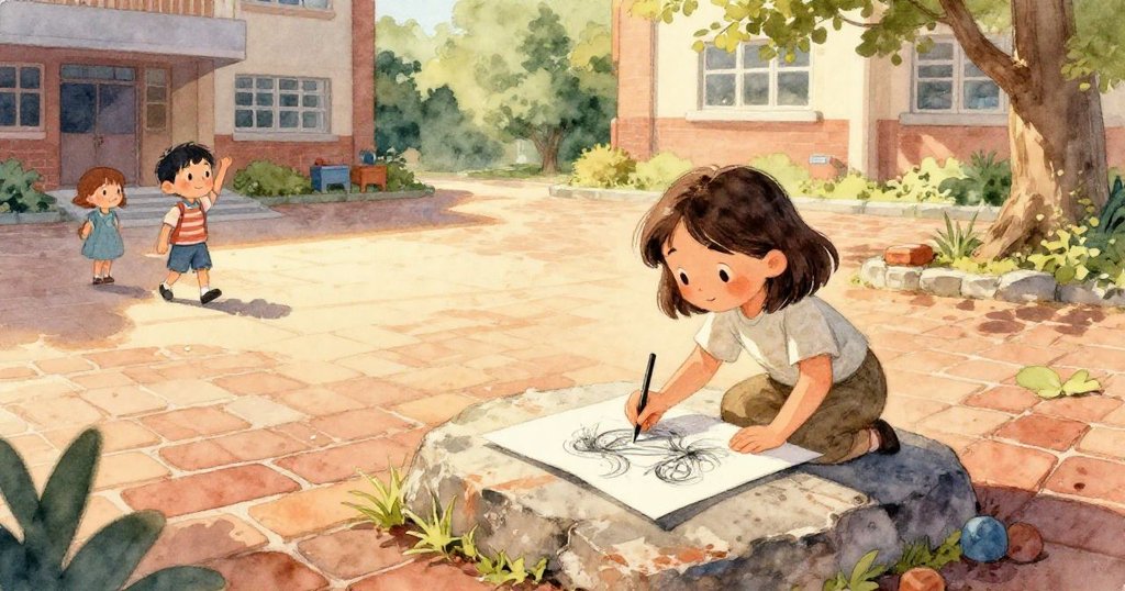 Lina的雙手細緻調整素描紙，紙上散發柔光，展現出她專注和期待的情緒。