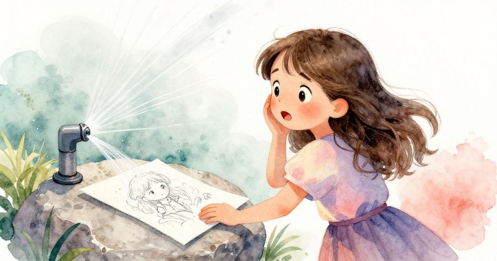 Lina從背後轉頭望水流逼近石頭，背景有自動灑水器噴水，她神情中帶些緊張。