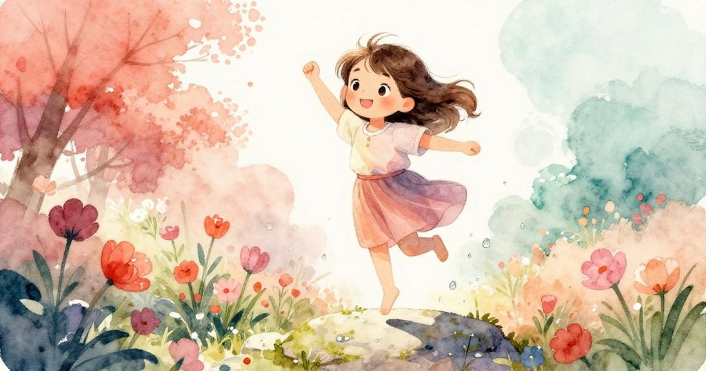 Lina在夏末初秋的光晨中躍上濕滑邊石，周圍青苔與盛開花床營造出充滿活力的季節感。