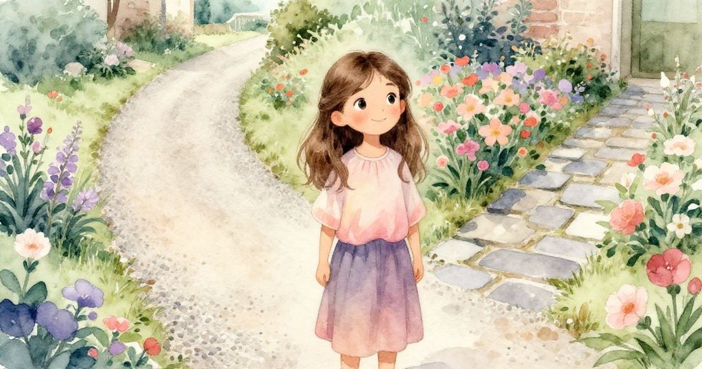 Lina站在分岔口面對兩條路徑，目光專注，背景展示碎石小路與花床邊石，充滿決斷感。