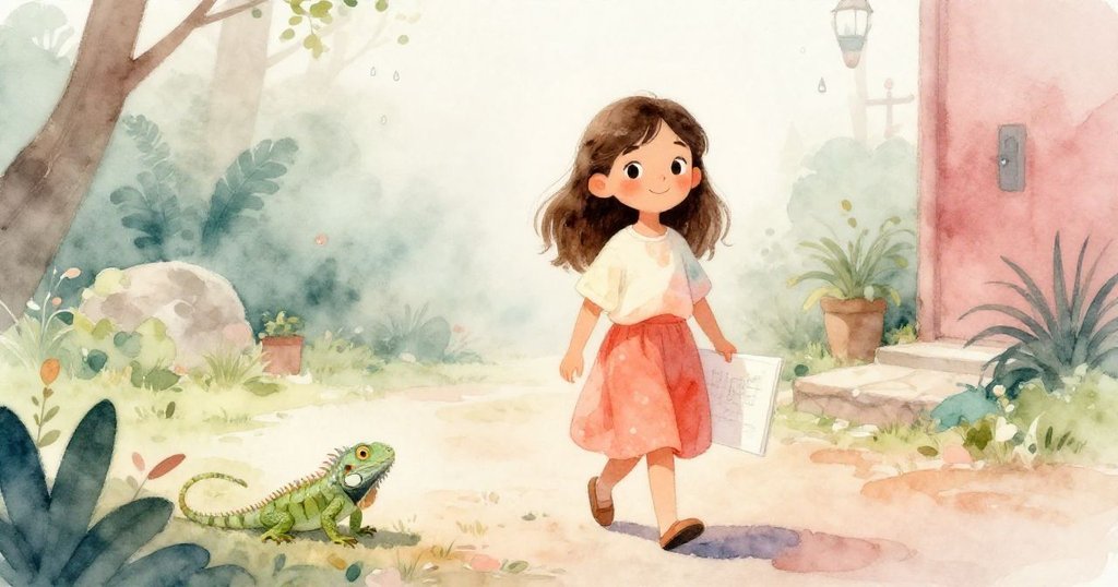 Lina取回素描後向前邁步，前方薄霧中顯示一隻小綠鬣蜥，她神情輕鬆且充滿希望。