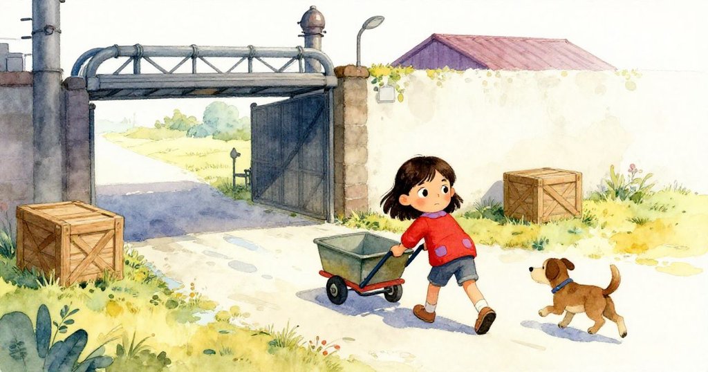 樂拉推著小車穿過工廠大門，環境有木箱和水坑，棕色狗活潑跟隨，神情專注，充滿期待和活力。