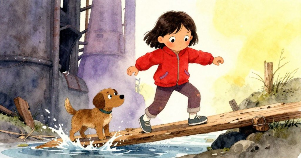 低角度展現樂拉踏上搖晃木板，棕狗陪伴，水花飛濺，她神情堅定，勇敢面對逐漸關閉的大門。