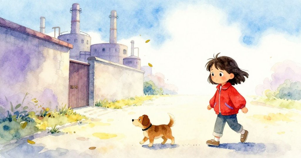 樂拉與棕狗走出工廠，迎向陽光明媚的戶外道路，落葉隨風飄舞，畫面充滿自由與希望。