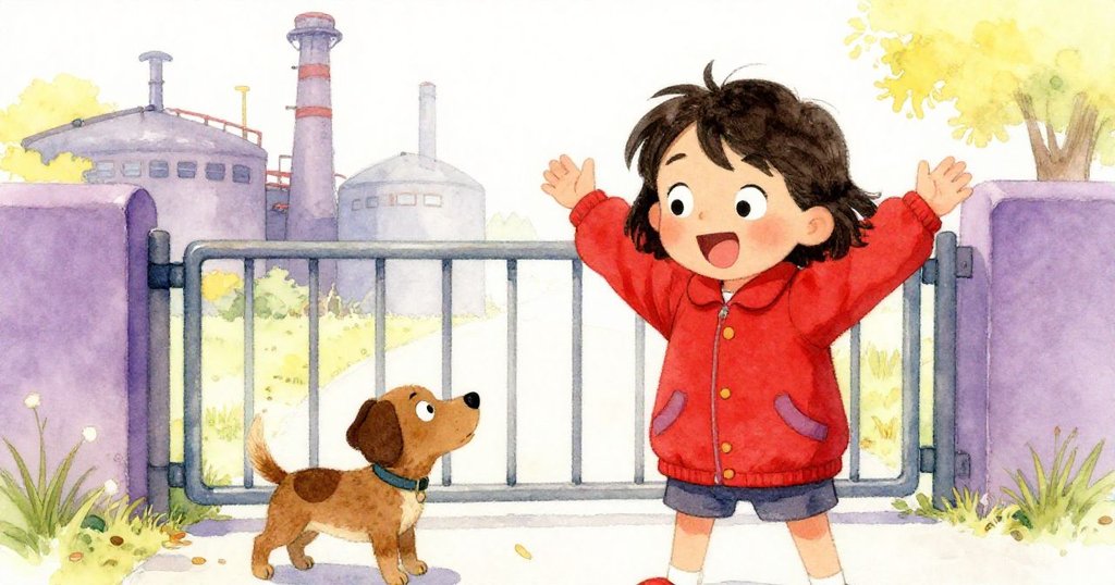 樂拉露出滿足笑容與棕狗歡欣跳躍，共慶安全通過關卡，神情快樂充滿溫暖與希望。