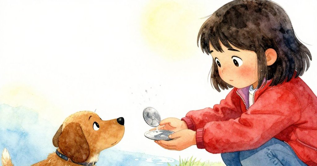 樂拉輕柔撿起轉動銀幣，溫柔地遞給棕狗，象徵冒險中的感恩與共享，畫面滿溢溫馨情感。