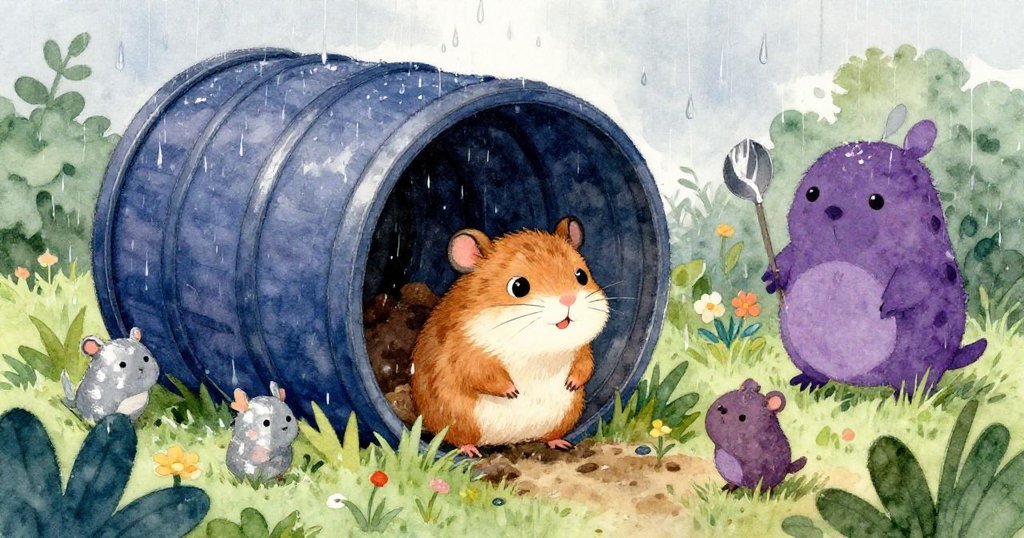 哈米小倉鼠從堆肥桶下探出頭，與眾多花園小動物在細雨中相聚，表情充滿好奇與期待，開始冒險。