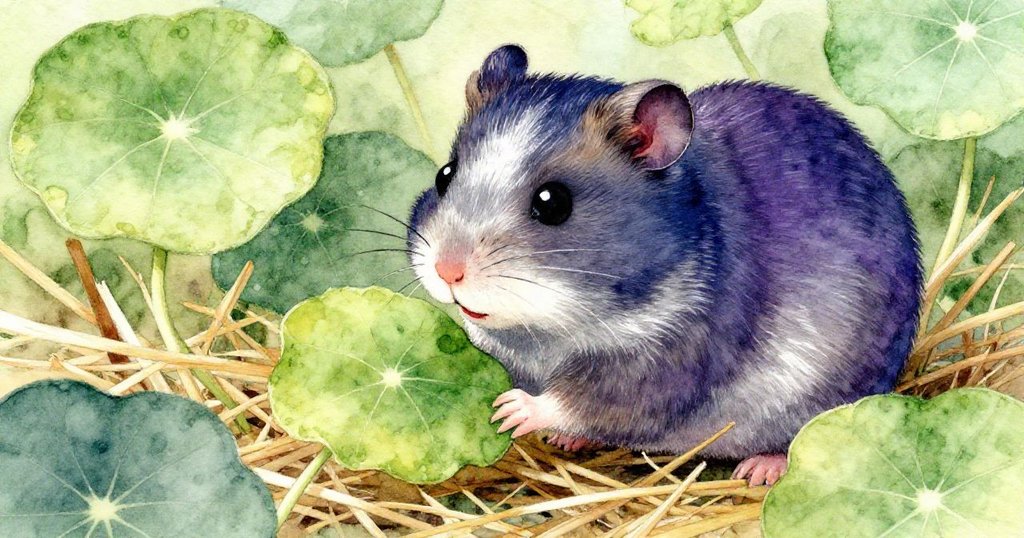 哈米小倉鼠仔細檢查稻草和落葉，感受細膩質感，背景中花盆與草地營造溫馨築巢氣氛。