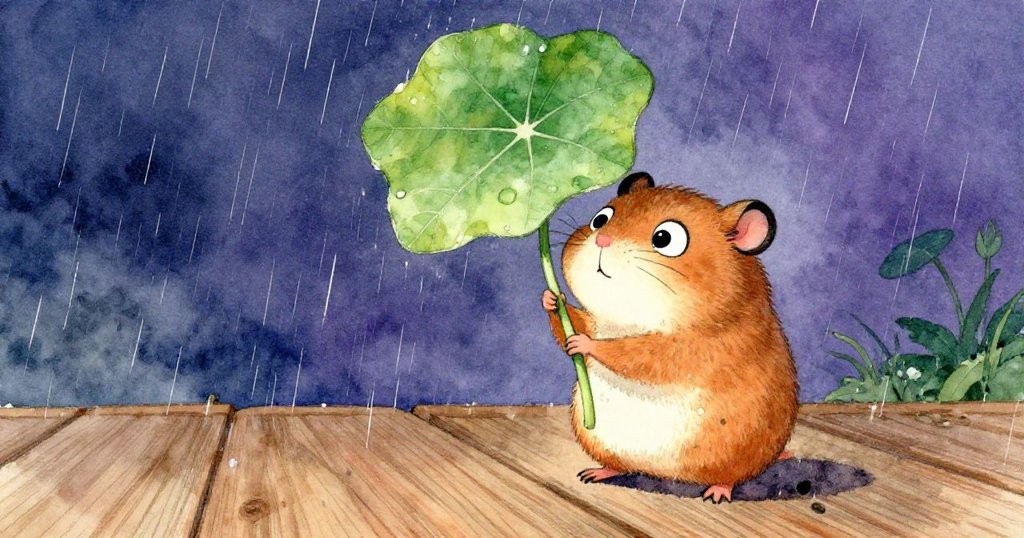 哈米小倉鼠從低角度展現英勇神態，咬著大花葉抵擋橫風雨滴，木製平台背景增強動感與冒險氣氛。