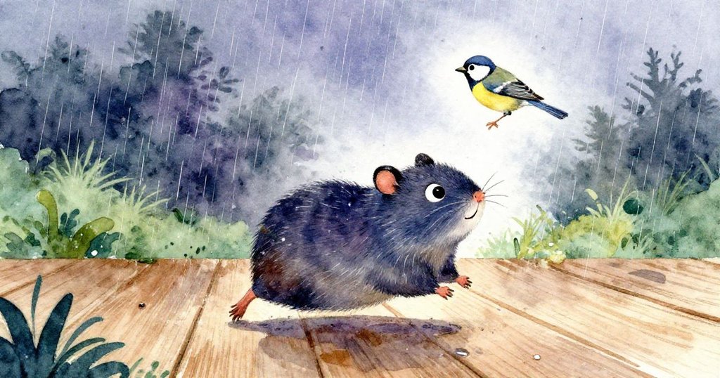 哈米小倉鼠在濕潤木平台上迅速奔跑，小麻雀在屋檐上歡唱，雨中景致洋溢著活力與溫馨情懷。