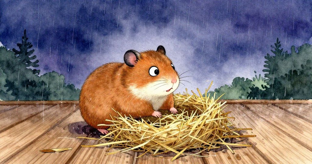 哈米小倉鼠在木台上細心整理濕透稻草築巢，目光堅定望向未來，雨後景致散發溫暖與希望。