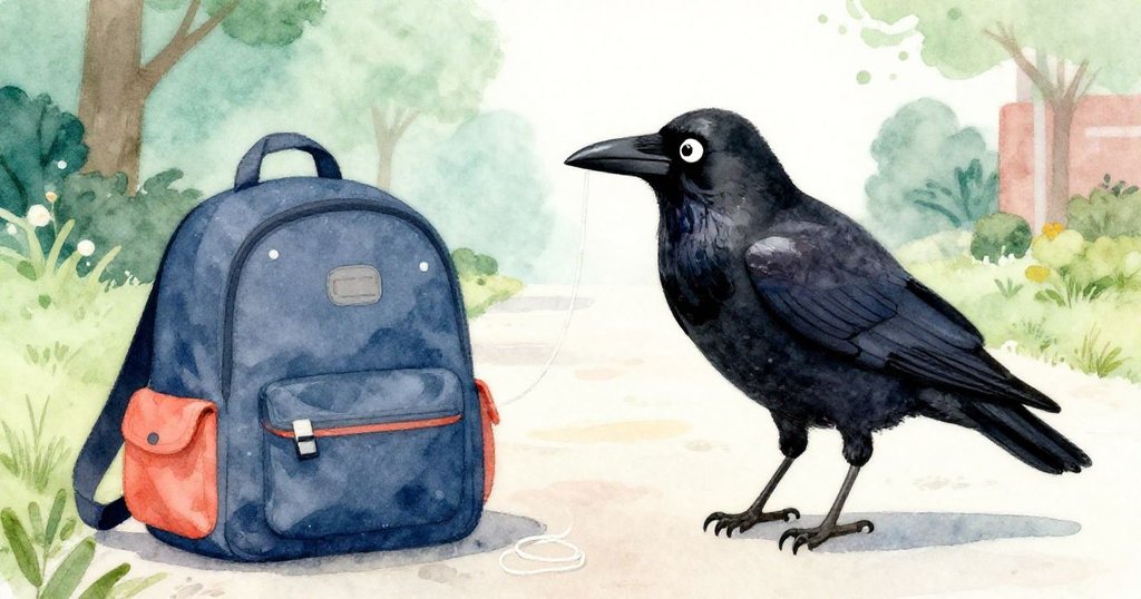 活潑烏鴉輕觸背包垂下的白線，線端微動，學生身影遠處穿越校園，情感互動細膩流轉。