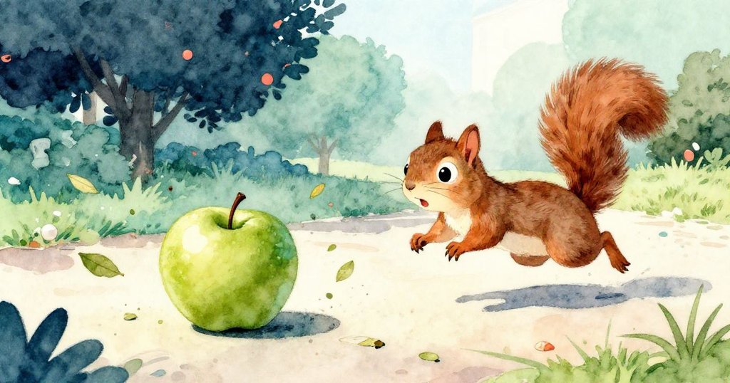 小松鼠被滾動的綠蘋果驚醒，急速跳躍散落乾葉，校園小徑展現突發活力轉折。