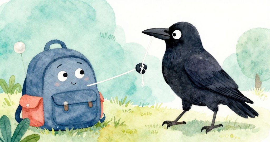 小烏鴉專注使勁拉扯白線，奮力鬥爭中線頭跳動，展現堅韌與緊張動作。