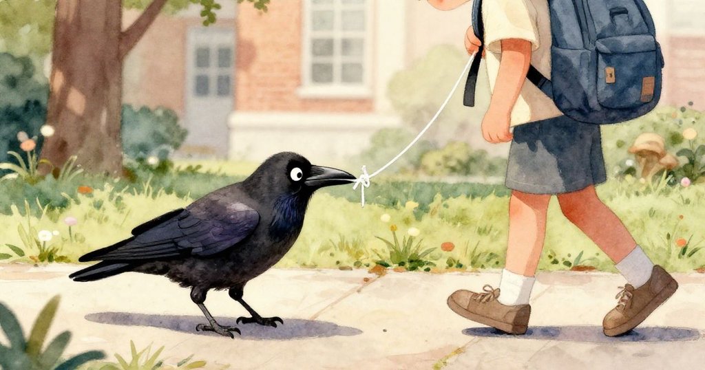 夕陽溫暖映照校園庭院，鴿子緩緩盤旋於綠蘋果之上，呈現平靜溫暖結局，散發柔和韻味。