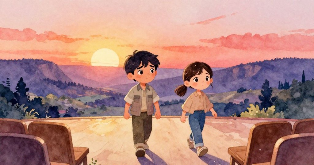 Nico 與 Lea 驚喜地走向開放舞台,背景呈現壯麗山谷與溫暖光芒,兩人滿懷期待與勇氣迎接挑戰。