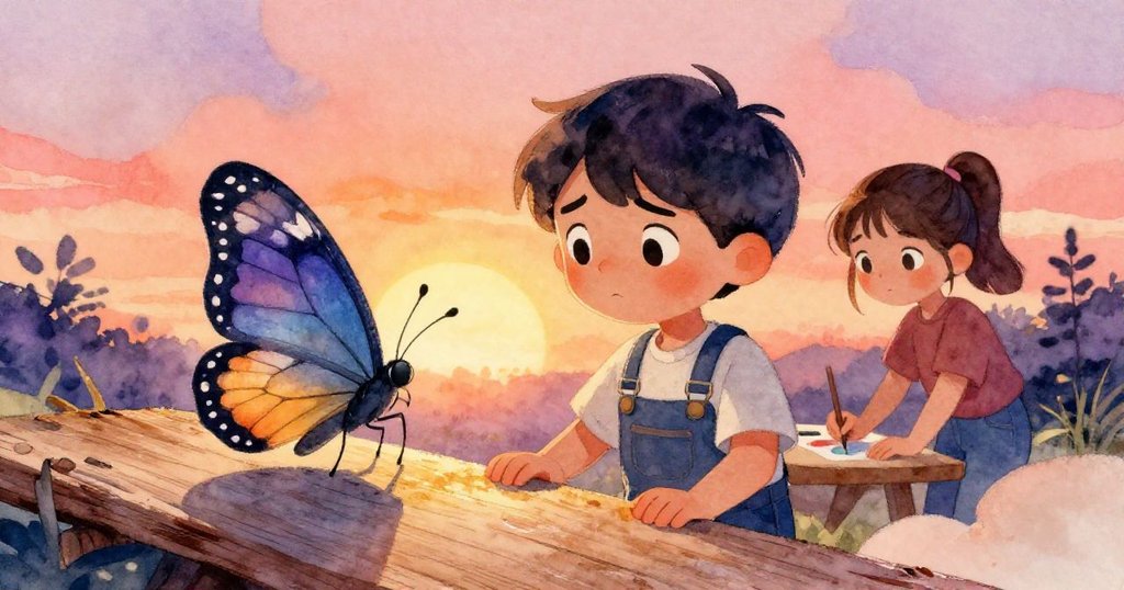 一隻好奇蝴蝶從低位觀看,見證 Nico 與 Lea 勇敢修繕舞台,背景微塵飛舞,生動呈現互動與努力。