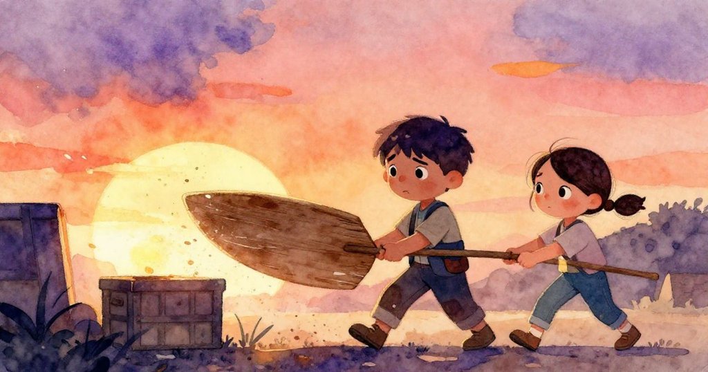 Nico 用力拉動老木板保護 Lea,貨箱旁風沙飛舞,展現兩人互助合作的堅毅情景。