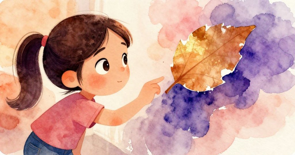 Lea 近距離發現一片脫落亮彩漆片,形似葉痕,眼神流露驚奇與沉思,凝固那刻情感。