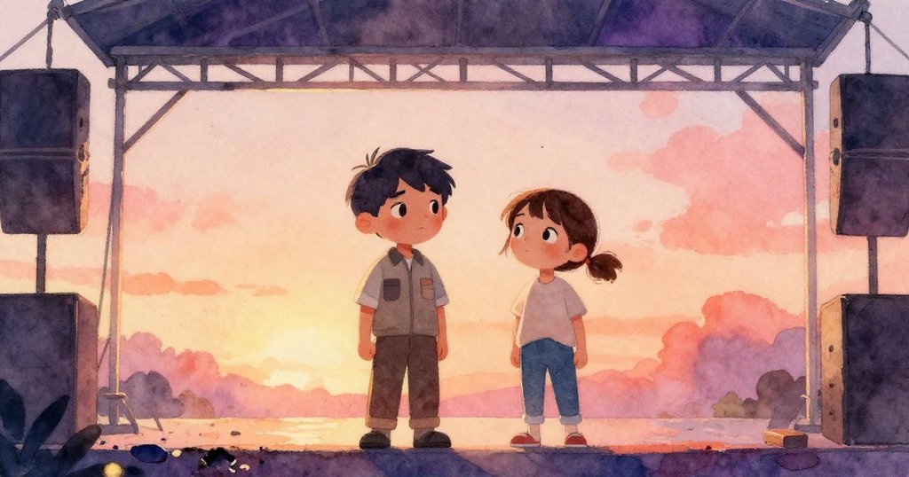 Nico 與 Lea 在柔和夕陽下並肩站於舞台前,彩漆碎片散落腳邊,象徵堅毅與希望溫暖人心。