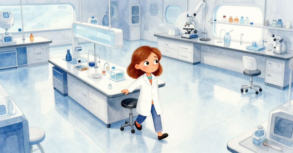 萊哈在寬敞明亮的現代實驗室中推動帶輪子的凳子，從上方鳥瞰中央長桌，表情專注，故事剛剛開始。