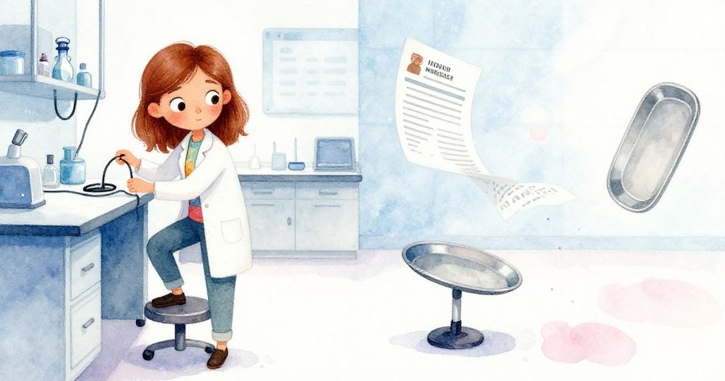 萊哈一邊爬上凳子準備修正電纜，一邊見到凳子突然偏移，問卷滑落並觸動金屬托盤，情緒由平靜轉驚訝。