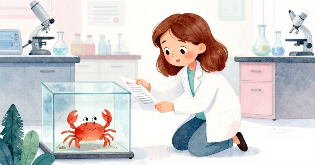 萊哈蹲下拾起滑落的問卷，並輕觸玻璃箱中好奇的小蟹，表情充滿探索與柔和關懷，情節逐步展開。