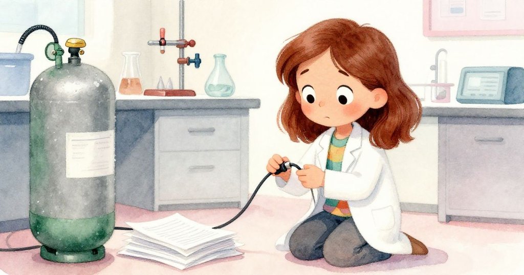 萊哈專注地修復電纜、收拾散落的問卷，旁邊氣瓶穩定放置，表情平靜滿足，實驗室恢復秩序，故事迎向結局。