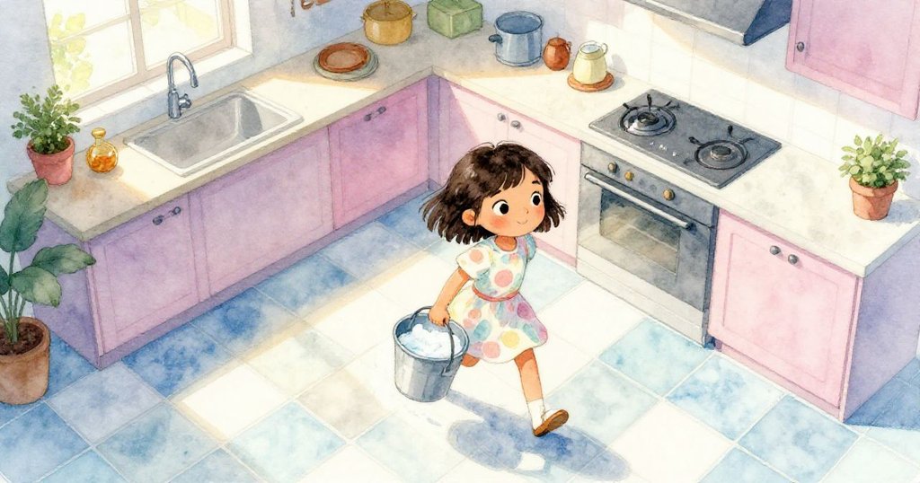 莉娜在陽光投射下搬運滿桶溫水，從空中俯瞰廚房與明亮磁磚，滿懷決心地朝客廳前進。