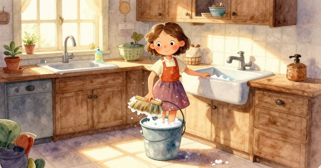 莉娜的手穩住傾斜的桶，溫水猶如象徵轉變的流動緩緩溢出，充滿柔和轉變之意。