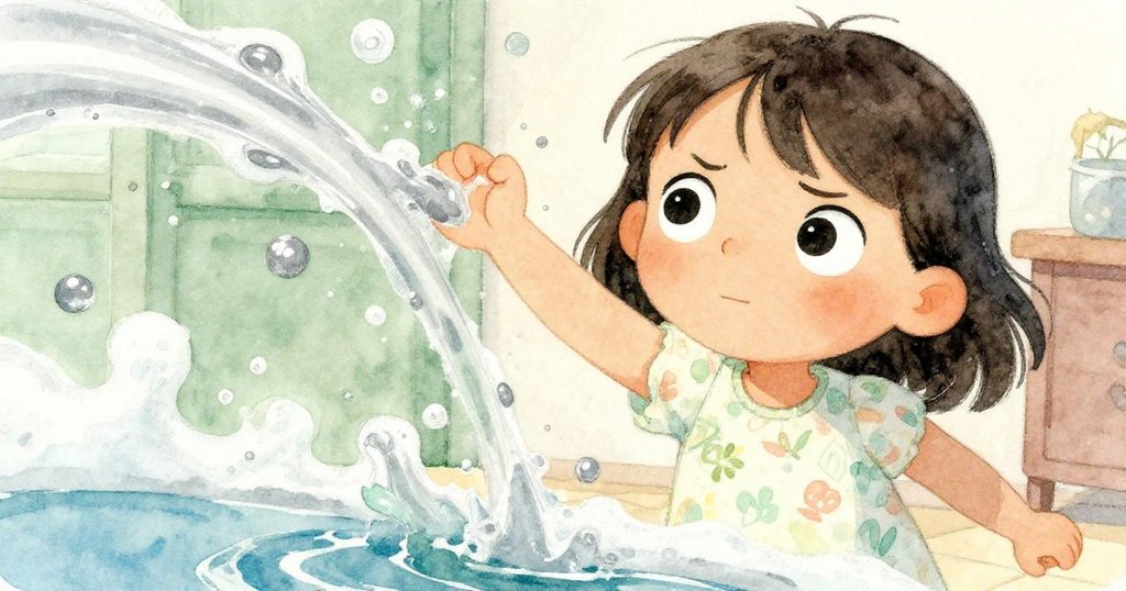 莉娜低角度仰望，驚喜與堅定交織，濺起的水流沿地板蔓延，背景中隱約有泡沫與家具。