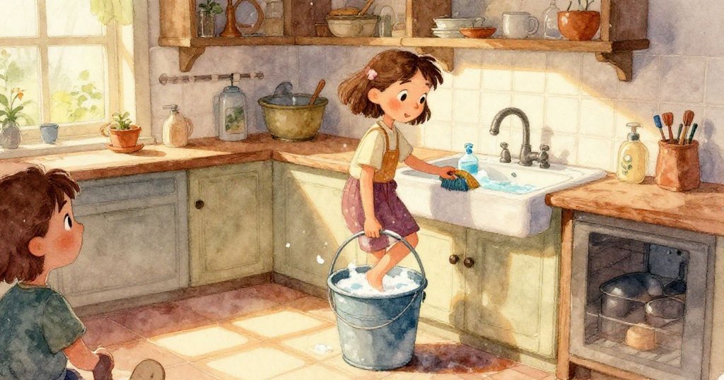 透過地毯下透明視角見溫水如小河流攜帶彩色蠟筆與拼圖碎片，展現夢幻般水下細膩場景。